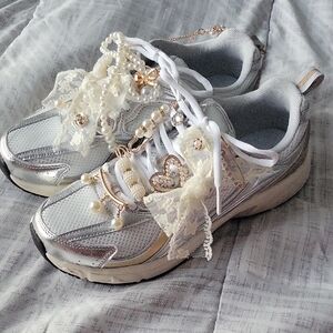 Custom Avia Silver Women's Sneakers with Lace and Pearl Accents